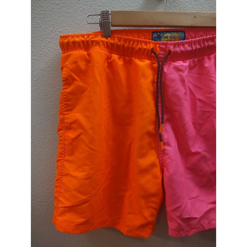 Mens XL Surf Society DrawString Lined Neon Orange Pink Swim Board Shorts A3